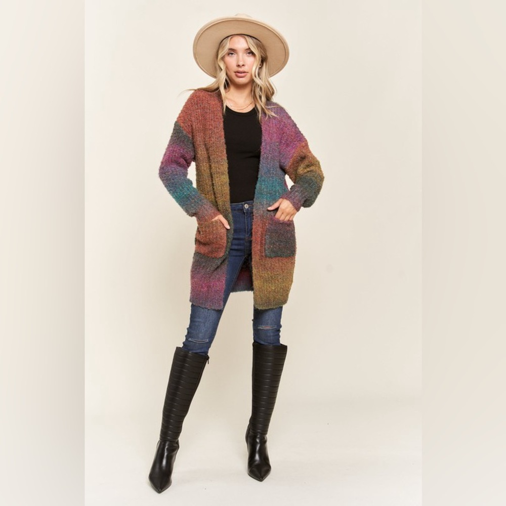 Multicolor Ombre Textured Marled Knit Cardigan with Pockets